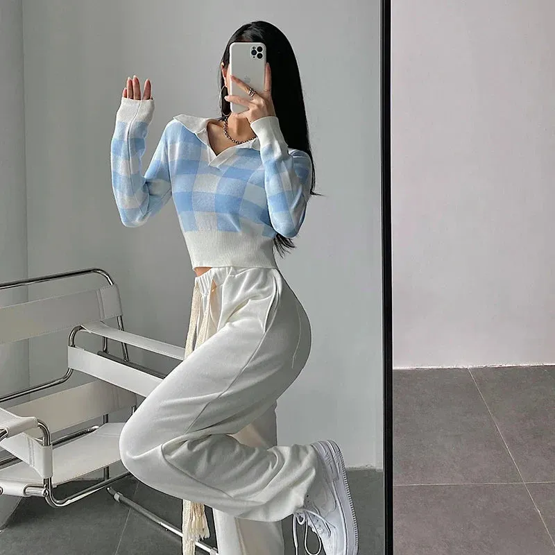 -Fall Outfits -Fall Outfits Long Sleeve Top Autumn Winter Vintage Knitwear Crop Tops Women Pullover Sweaters Fashion Female Long Sleeve Elastic Casual Plaid Knitted Shirts