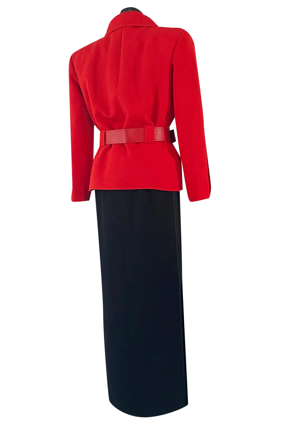 1980s Ady Couture Lausanne Red Belted Box Jacket & Long Black Skirt Suit Set