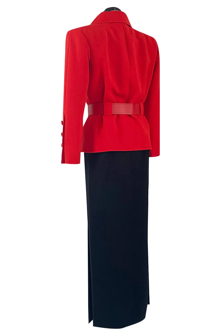 1980s Ady Couture Lausanne Red Belted Box Jacket & Long Black Skirt Suit Set
