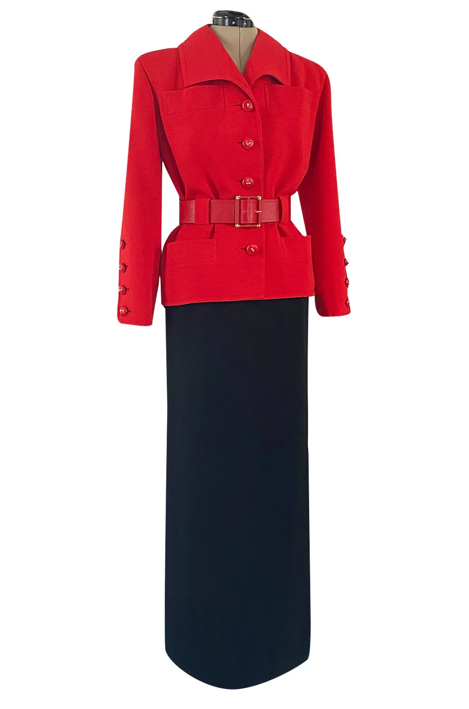 1980s Ady Couture Lausanne Red Belted Box Jacket & Long Black Skirt Suit Set