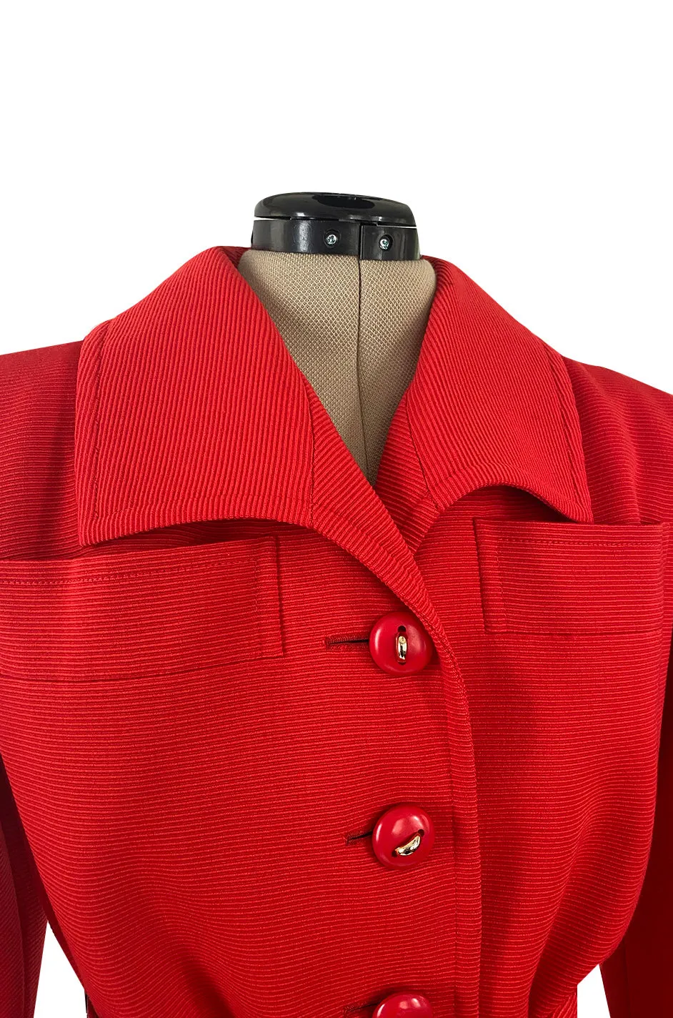 1980s Ady Couture Lausanne Red Belted Box Jacket & Long Black Skirt Suit Set