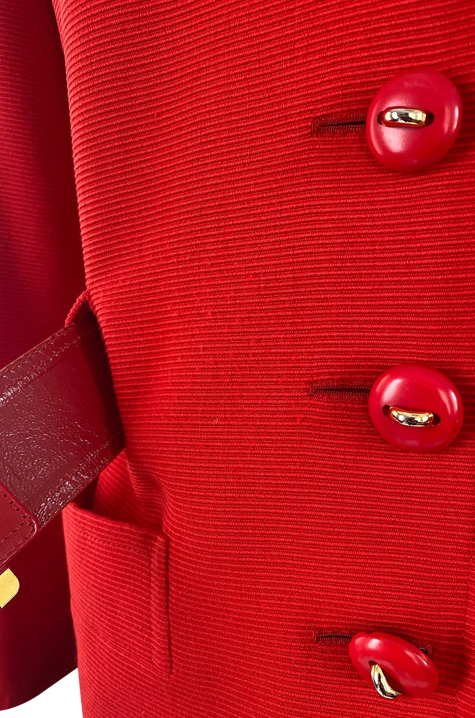 1980s Ady Couture Lausanne Red Belted Box Jacket & Long Black Skirt Suit Set