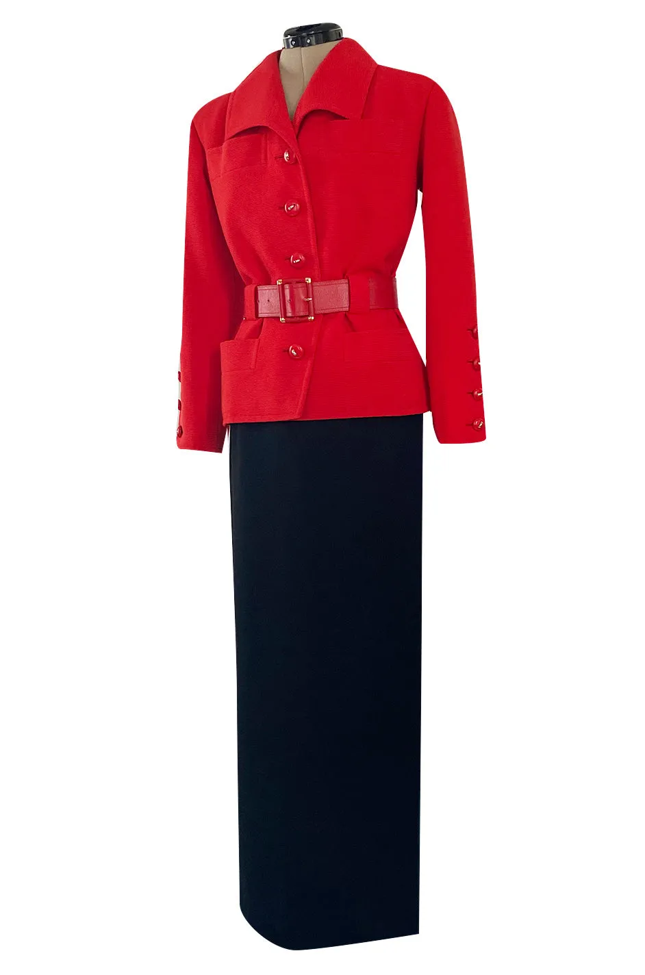 1980s Ady Couture Lausanne Red Belted Box Jacket & Long Black Skirt Suit Set
