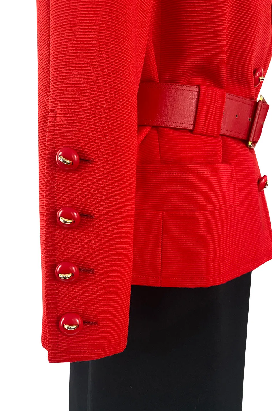 1980s Ady Couture Lausanne Red Belted Box Jacket & Long Black Skirt Suit Set
