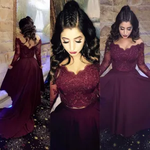 2024 A-line Long-Sleeve Lace Burgundy Prom Dresses Hi low Beads Dress