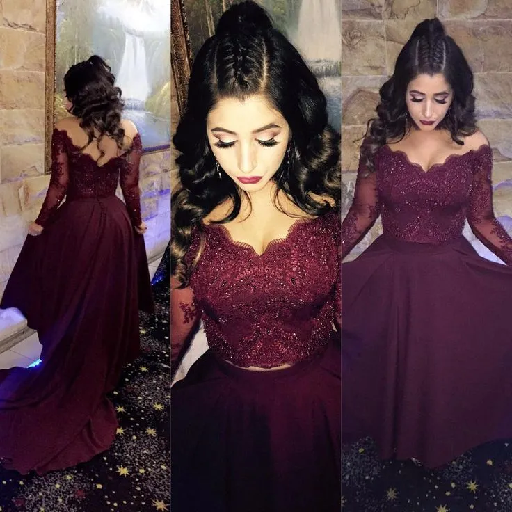 2024 A-line Long-Sleeve Lace Burgundy Prom Dresses Hi low Beads Dress