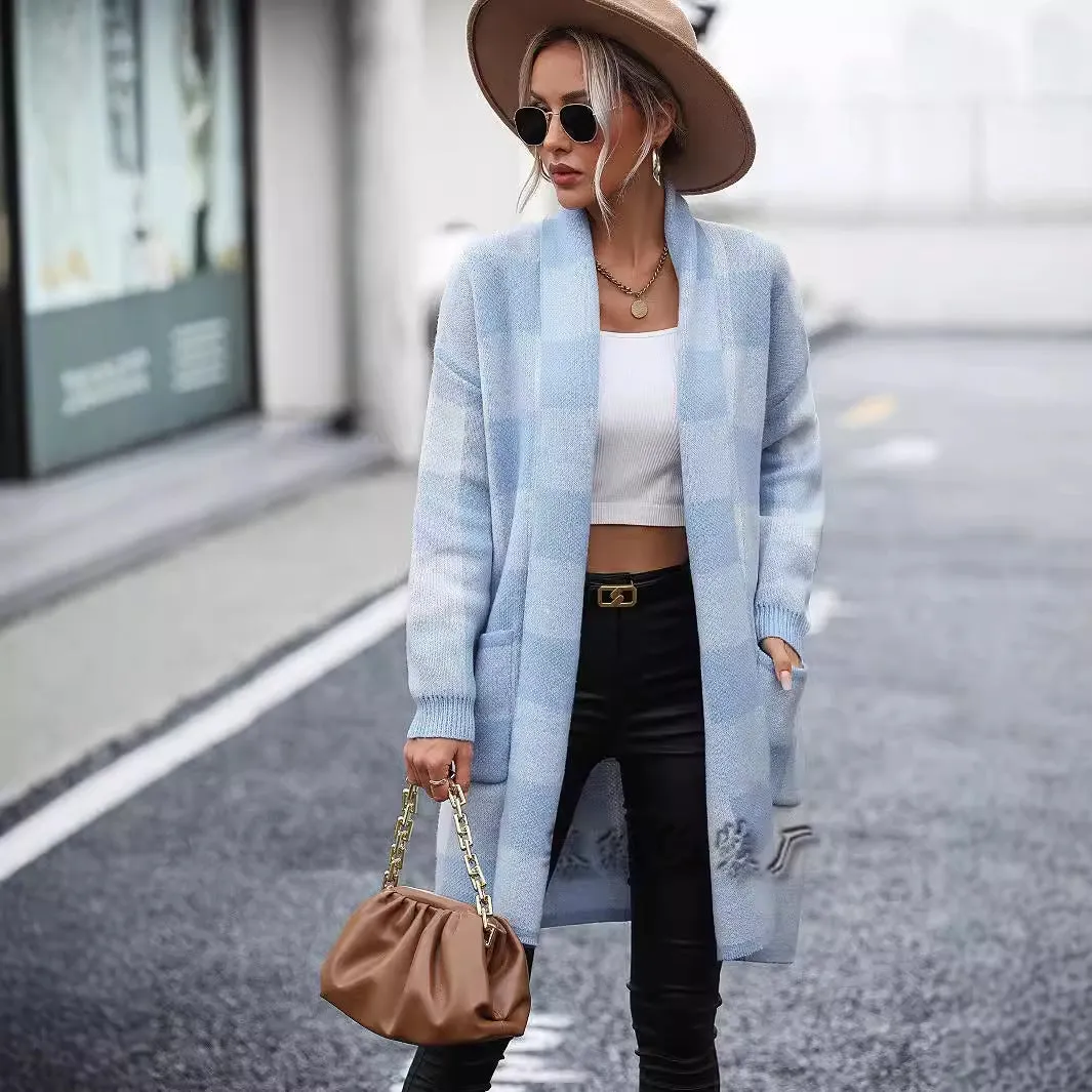 2025 New new  coats loose plaid color matching knitted cardigans fashionable Popular trade sweaters women