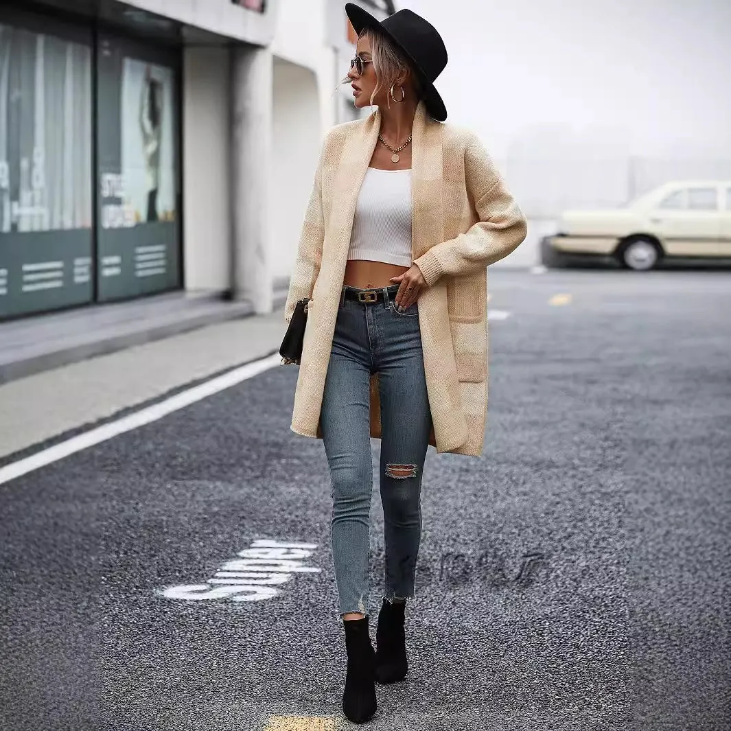 2025 New new  coats loose plaid color matching knitted cardigans fashionable Popular trade sweaters women