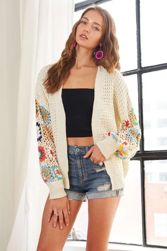 ADORA Contrast Crochet Open Front Long Sleeve Cardigan