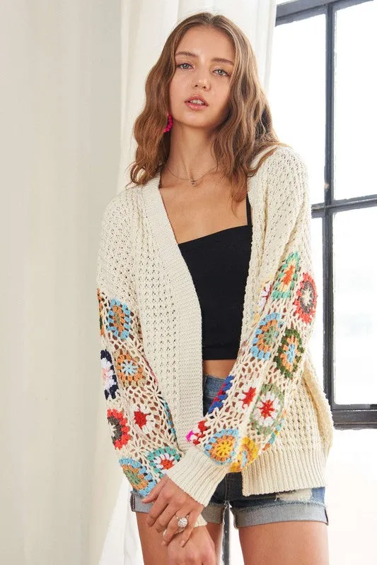 ADORA Contrast Crochet Open Front Long Sleeve Cardigan