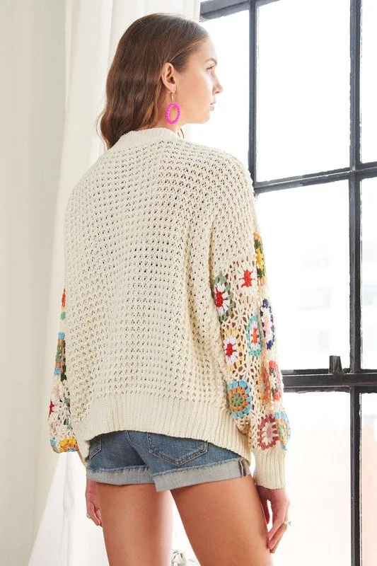 ADORA Contrast Crochet Open Front Long Sleeve Cardigan