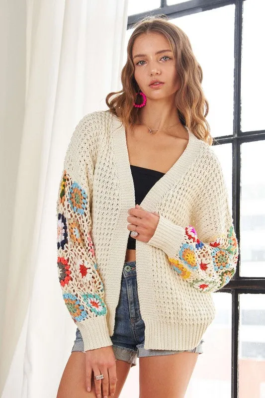 ADORA Contrast Crochet Open Front Long Sleeve Cardigan