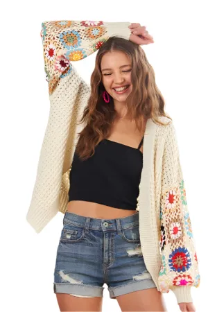 ADORA Contrast Crochet Open Front Long Sleeve Cardigan