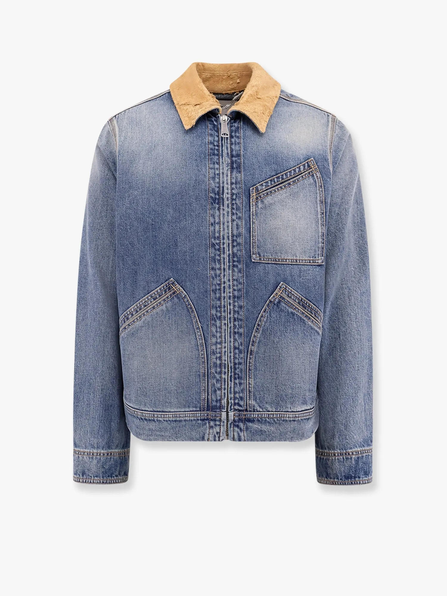 Alexander Mcqueen Washed Blue Ddenim Jacket With Suede Collar