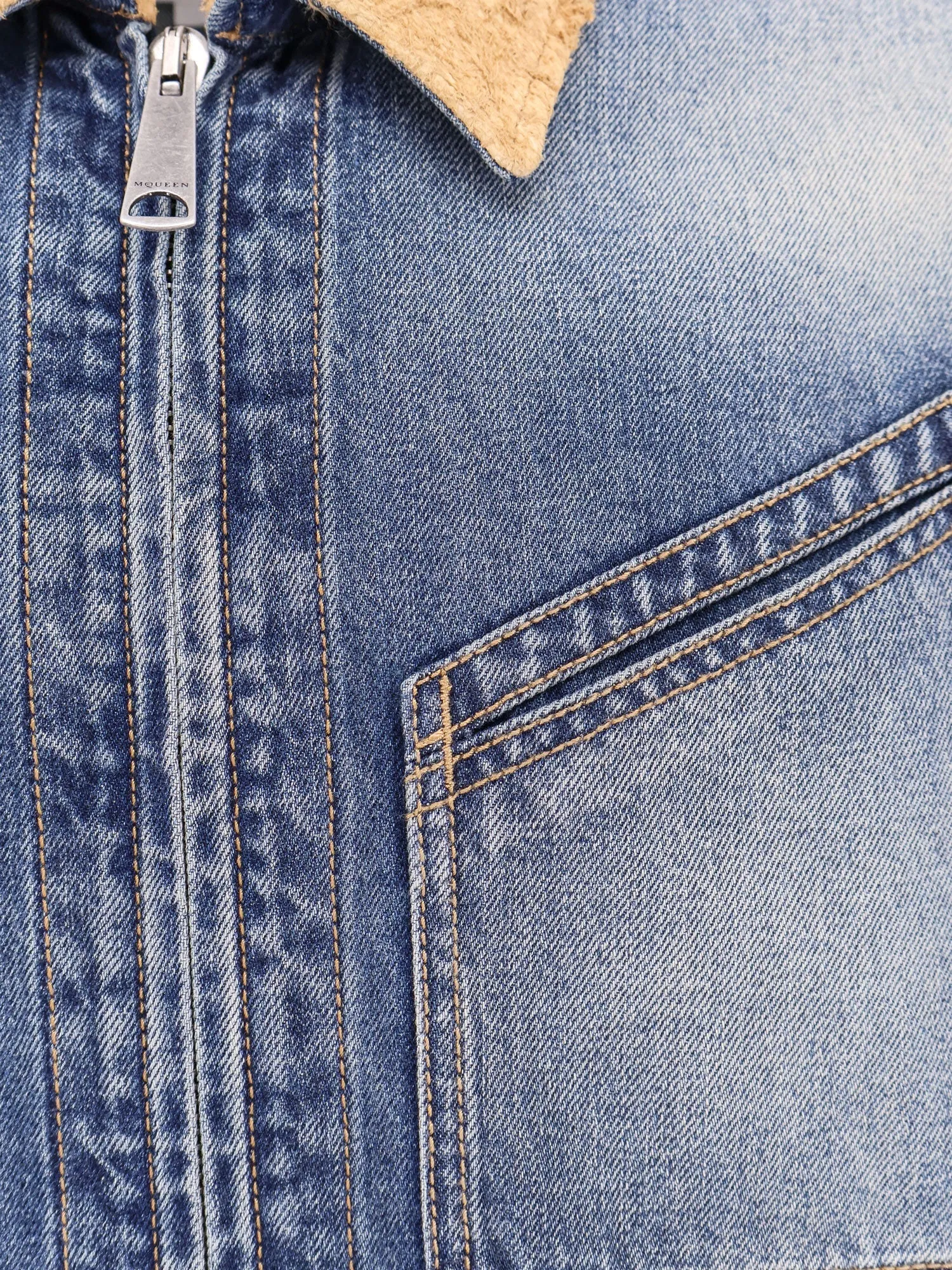 Alexander Mcqueen Washed Blue Ddenim Jacket With Suede Collar