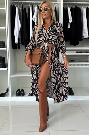 Alexia Patterned Belted Midaxi Shirt Dress-Brown