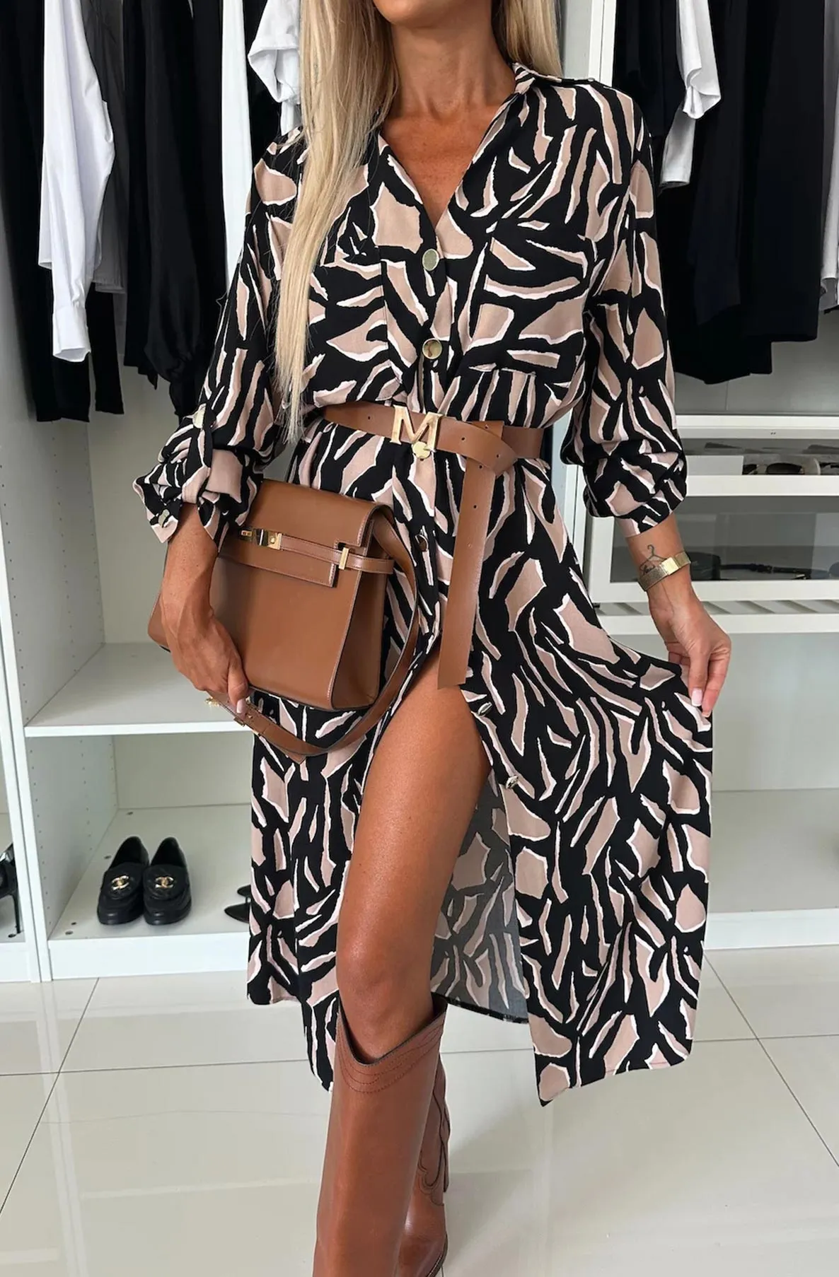 Alexia Patterned Belted Midaxi Shirt Dress-Brown