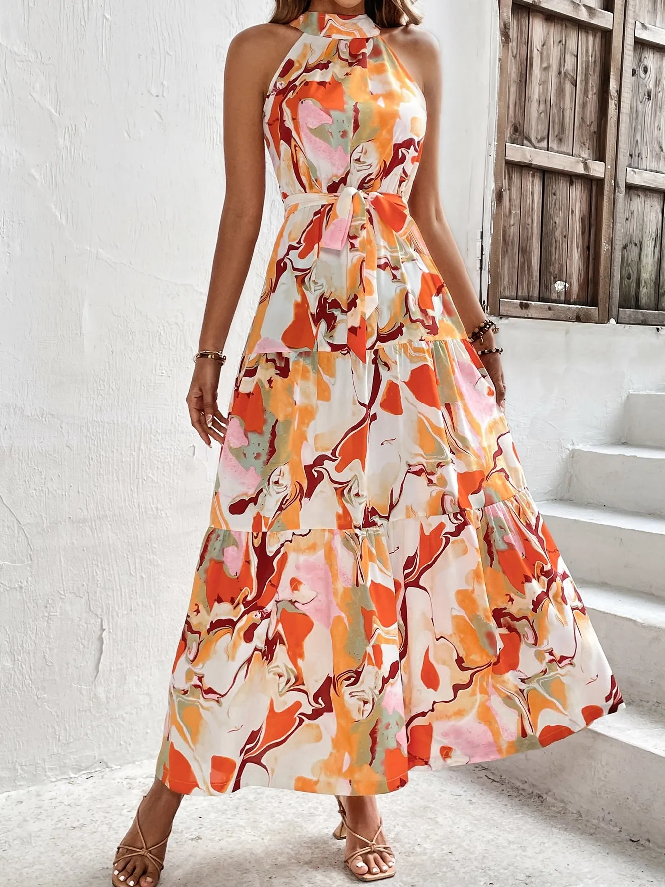 Allover Print Ruffle Hem Belted Halter Dress