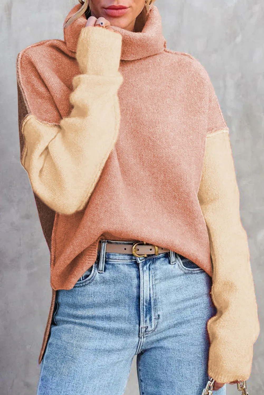 Apricot Powder Color Block Turtle Neck Drop Shoulder Knit Sweater