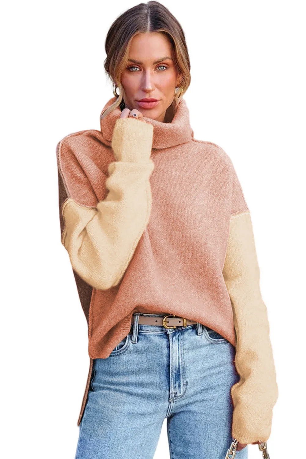 Apricot Powder Color Block Turtle Neck Drop Shoulder Knit Sweater