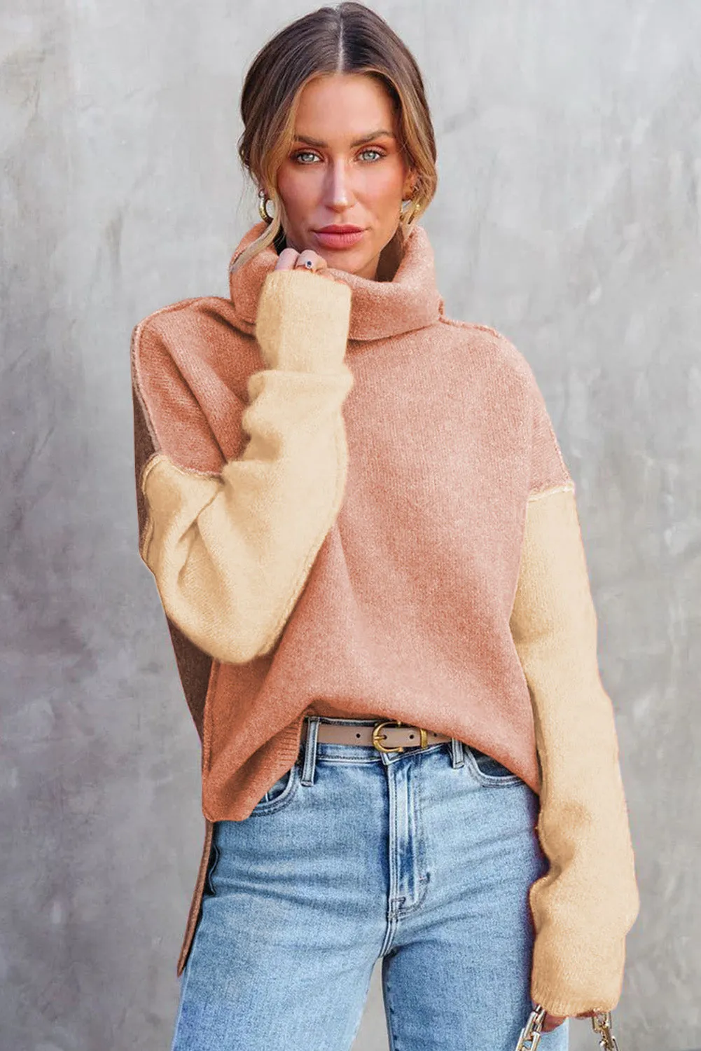 Apricot Powder Color Block Turtle Neck Drop Shoulder Knit Sweater