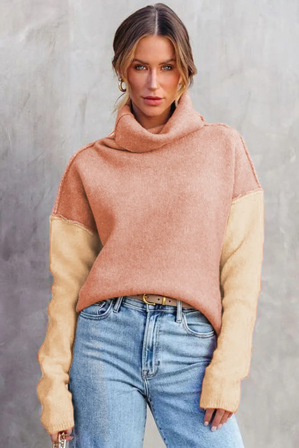 Apricot Powder Color Block Turtle Neck Drop Shoulder Knit Sweater