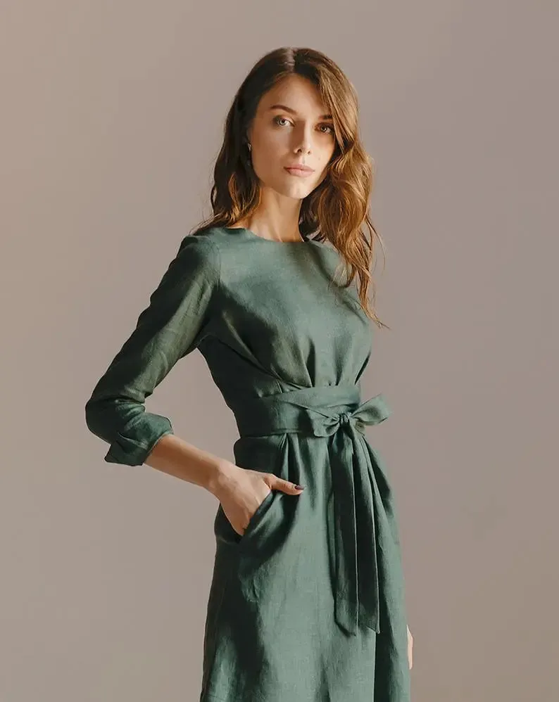 Audrey Green Sage Belted Linen Dress - Long Sleeve / Mini