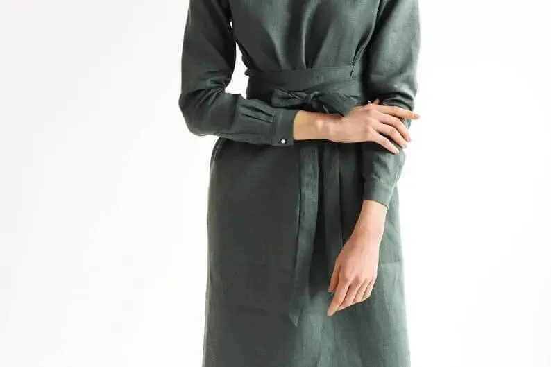 Audrey Green Sage Belted Linen Dress - Long Sleeve / Mini