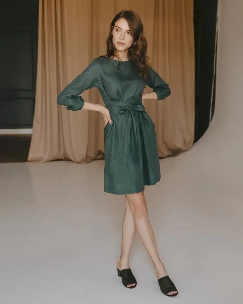 Audrey Green Sage Belted Linen Dress - Long Sleeve / Mini