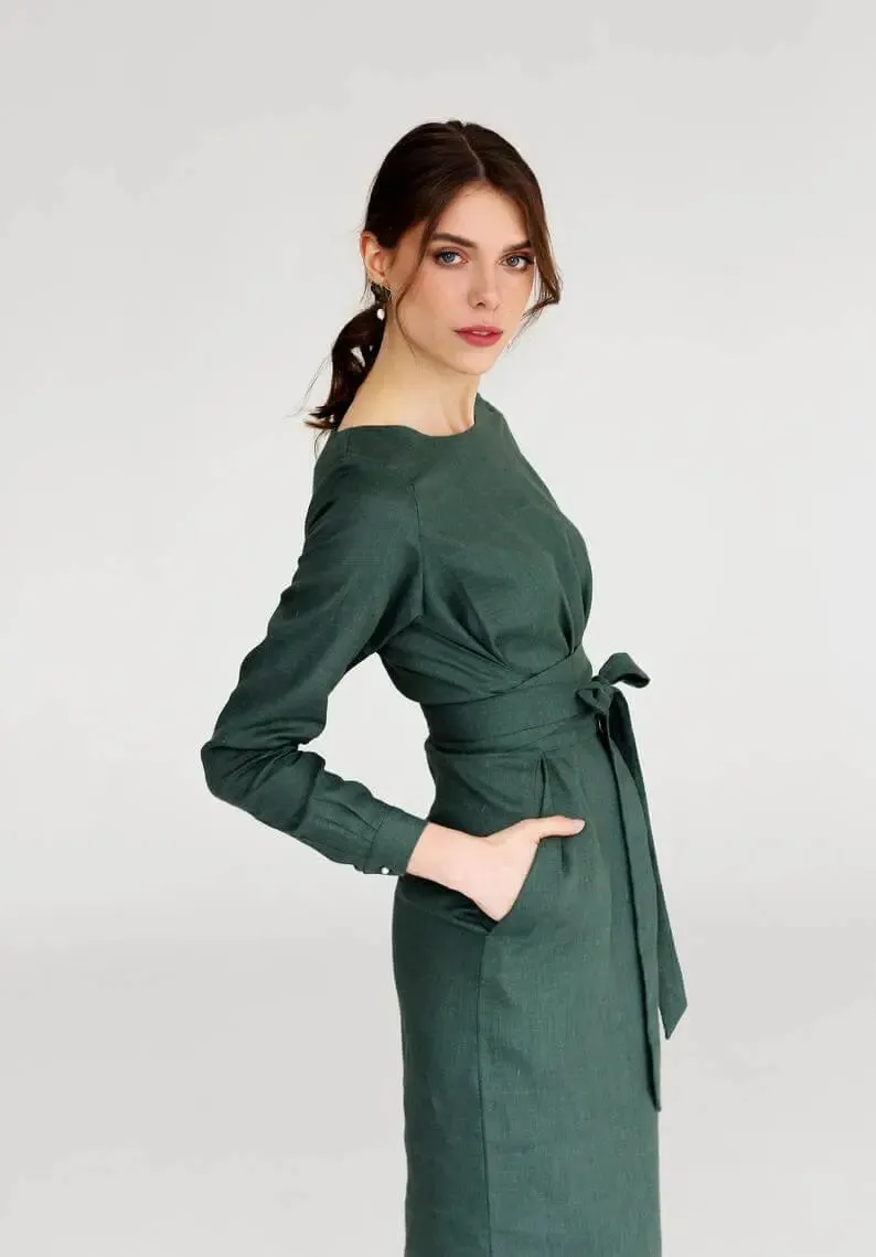 Audrey Green Sage Belted Linen Dress - Long Sleeve / Mini