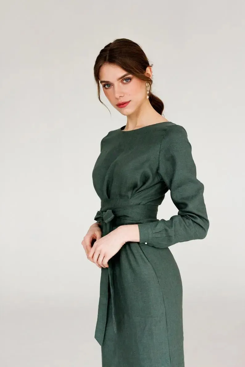 Audrey Green Sage Belted Linen Dress - Long Sleeve / Mini