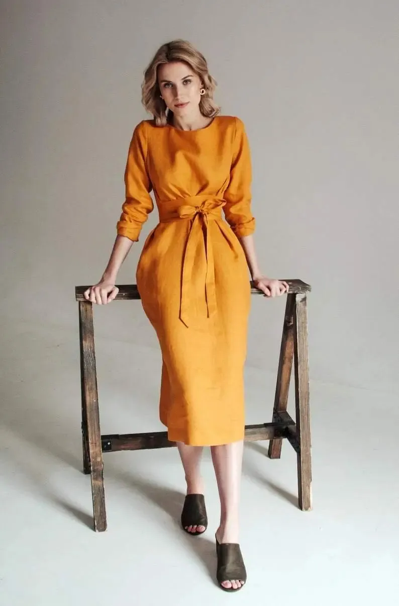 Audrey Mustard Belted Linen Dress - Long Sleeve / Midi