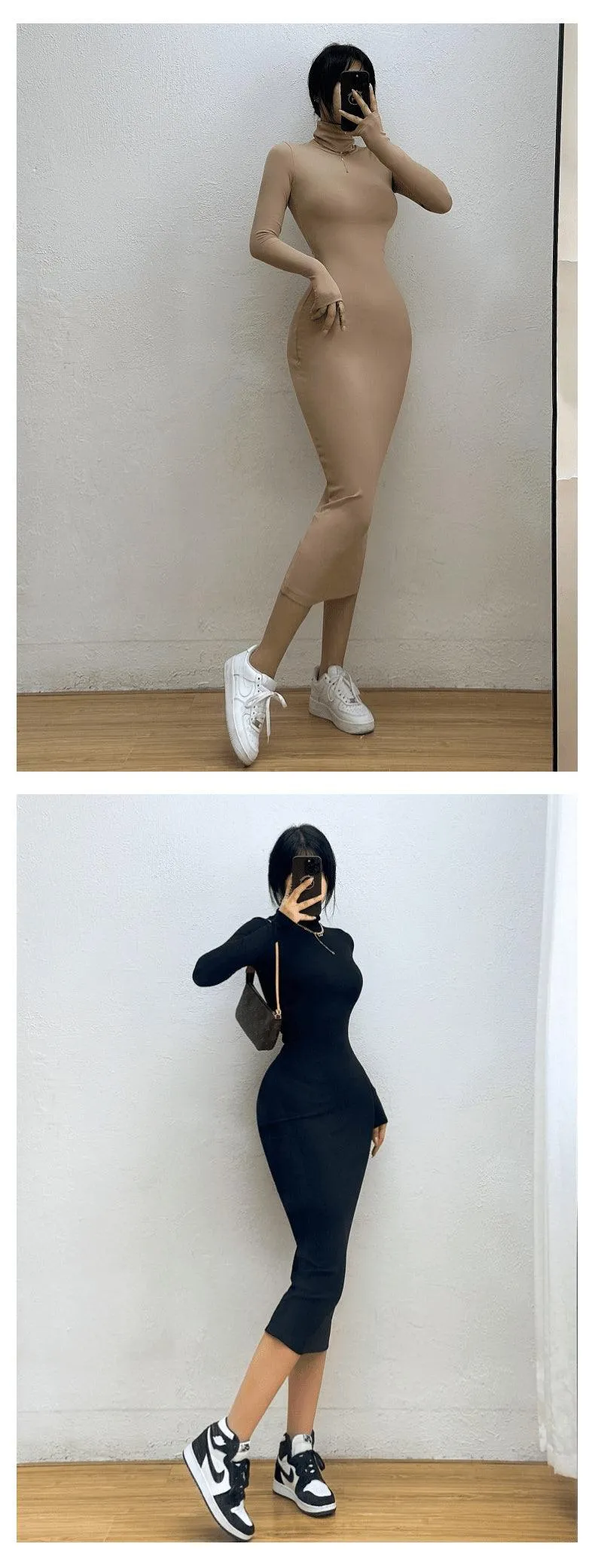 Basic Long Sleeve High Neck Maix Dress Skinny Bottom