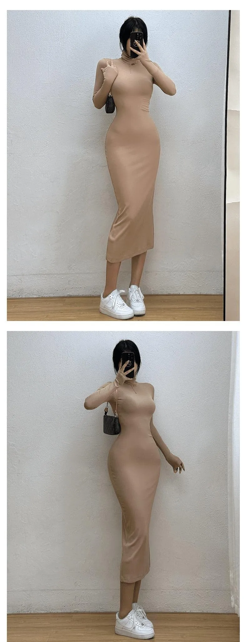 Basic Long Sleeve High Neck Maix Dress Skinny Bottom