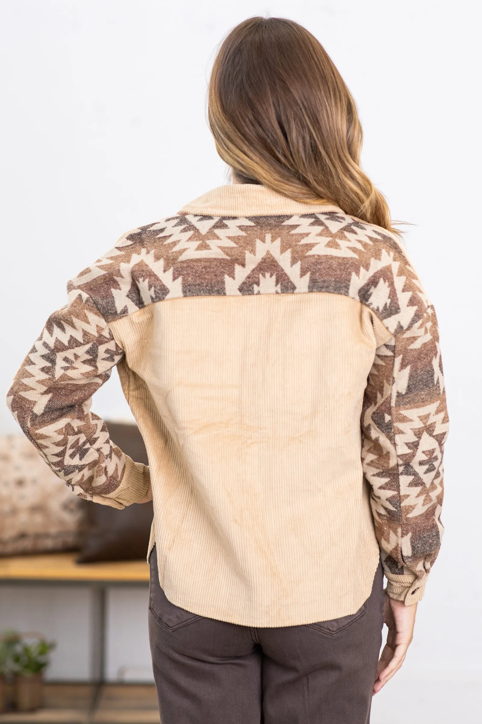 Beige Corduroy Jacket With Aztec Sleeves