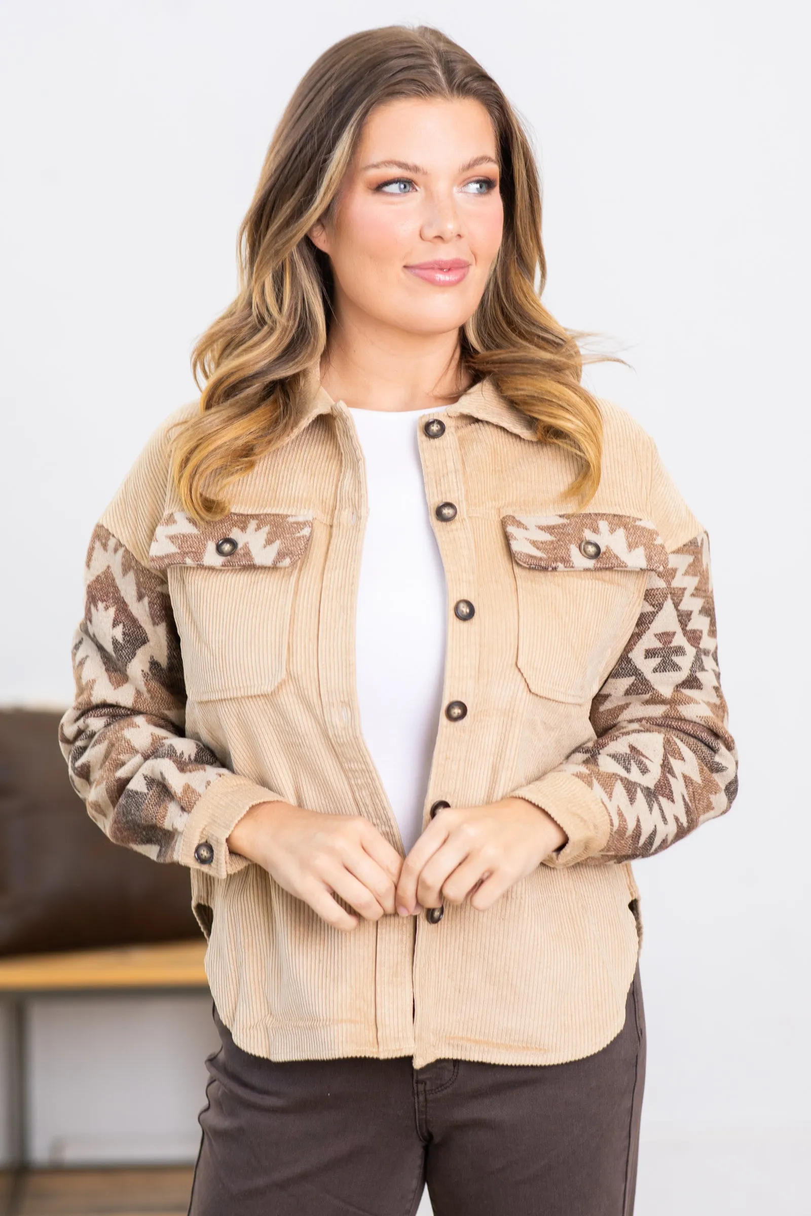 Beige Corduroy Jacket With Aztec Sleeves