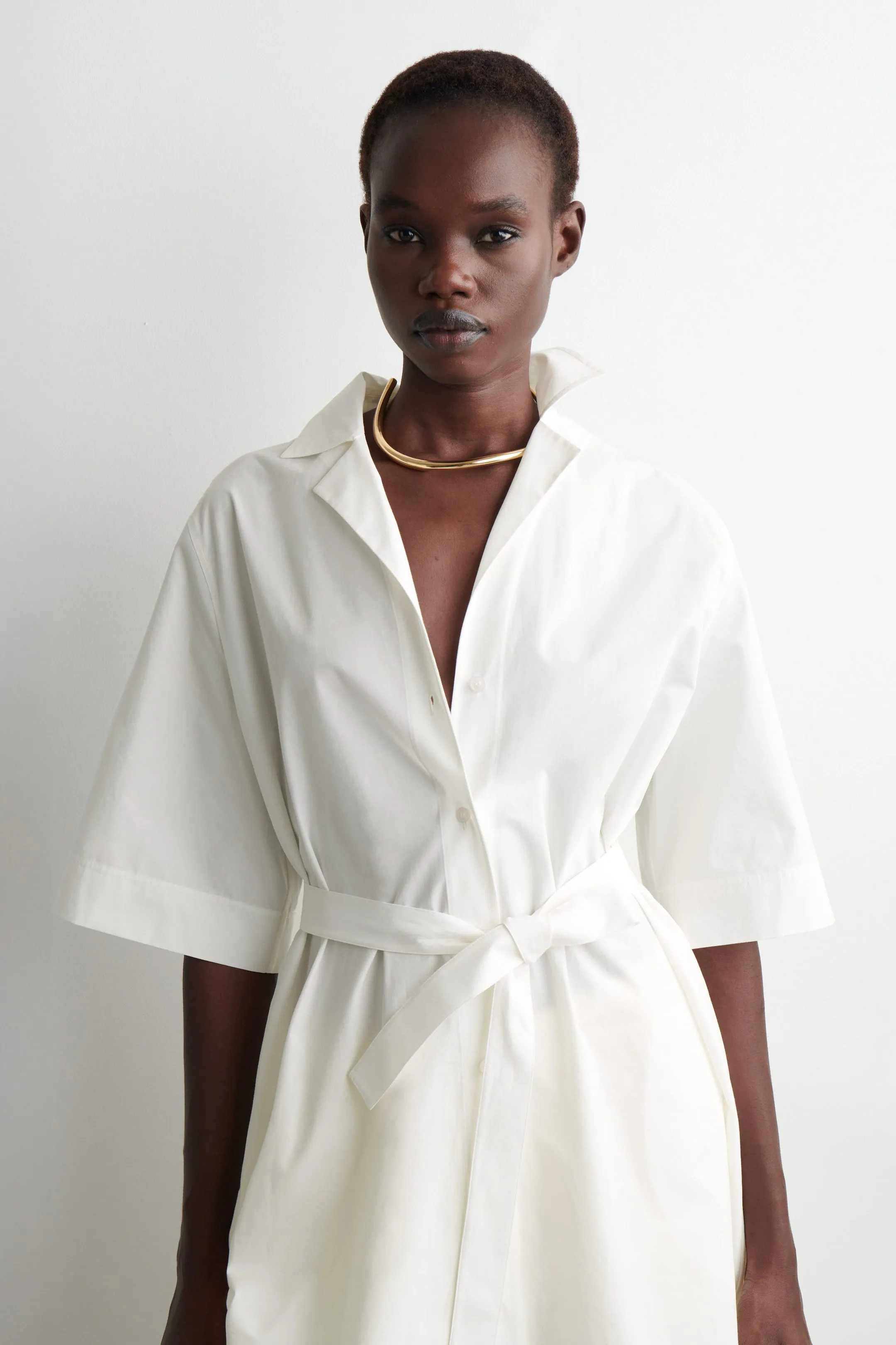 Belted Short-Sleeved Midi Shirt Dress