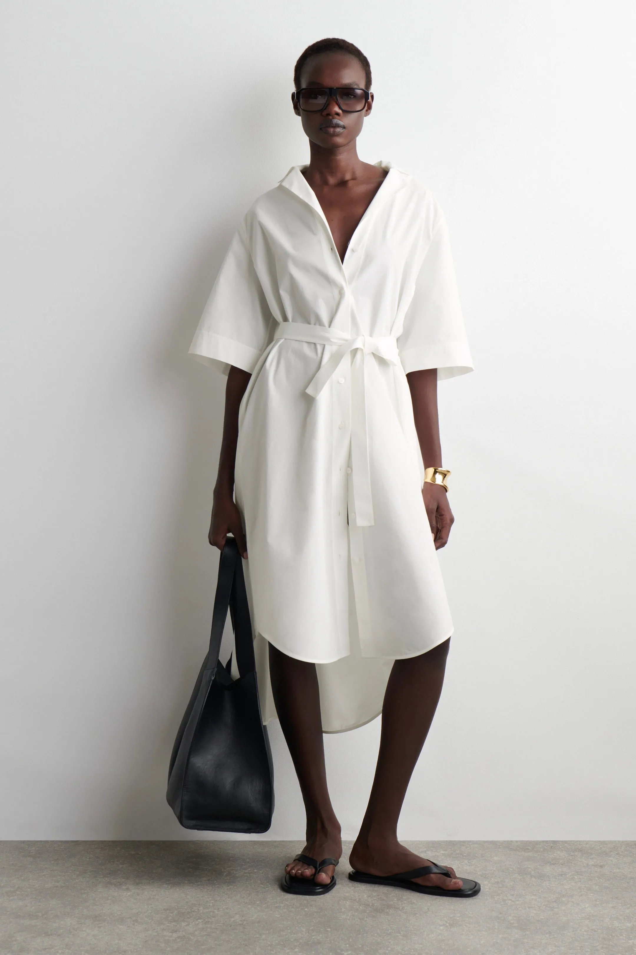 Belted Short-Sleeved Midi Shirt Dress
