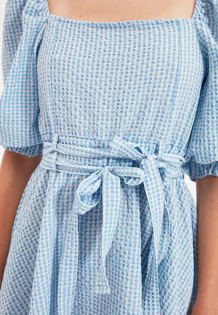 Belted Square-Neckline Dress