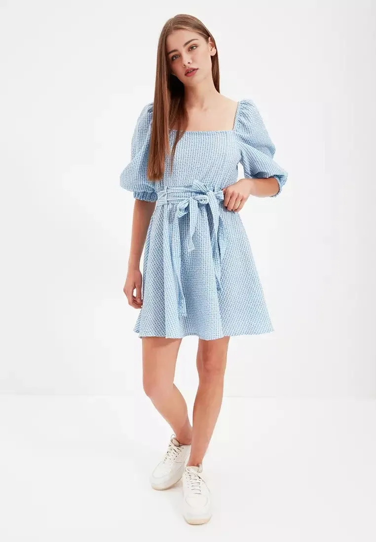 Belted Square-Neckline Dress
