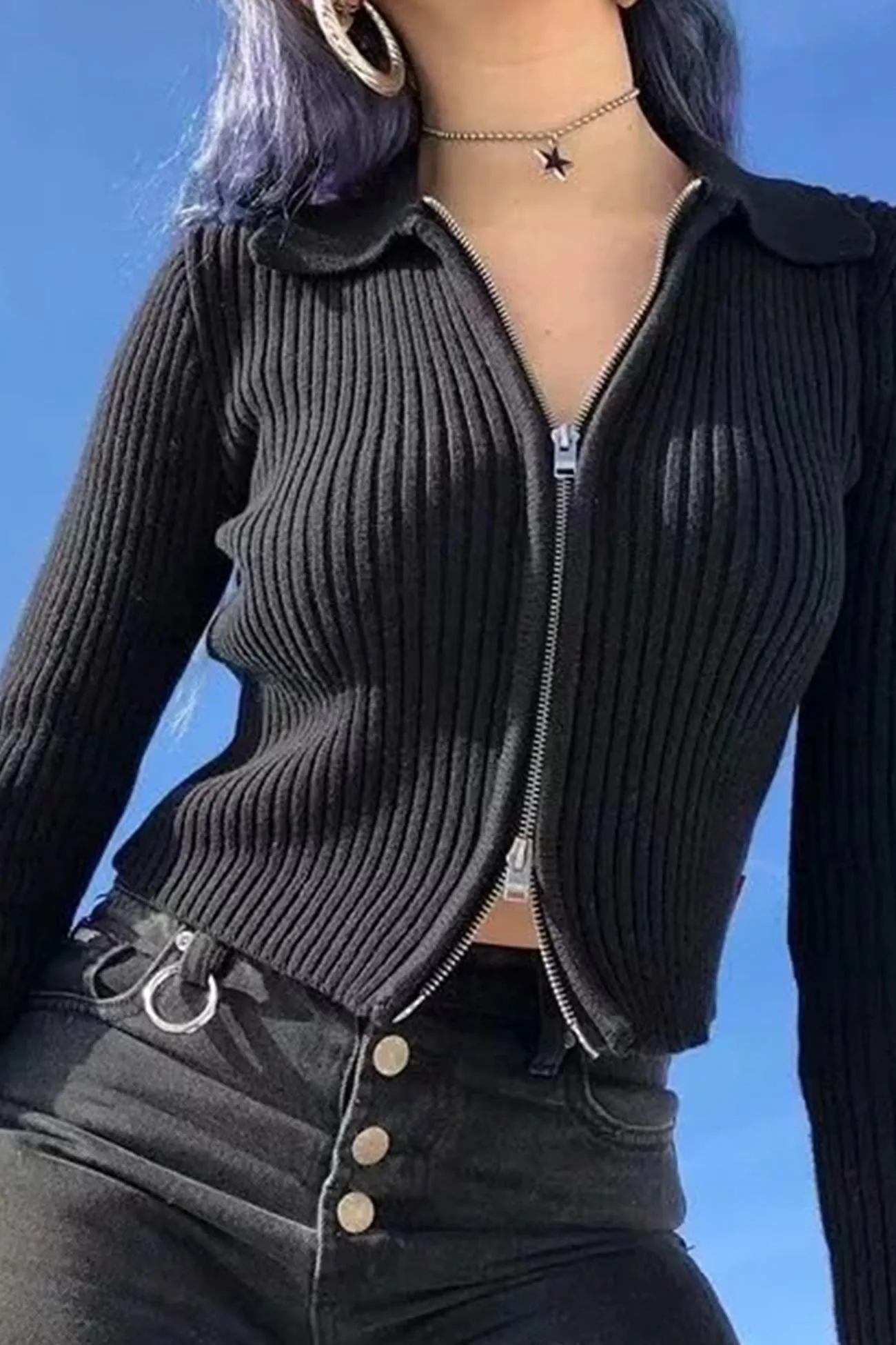 BerryBetty - Solid Two-way Zipper Knit Cardigan