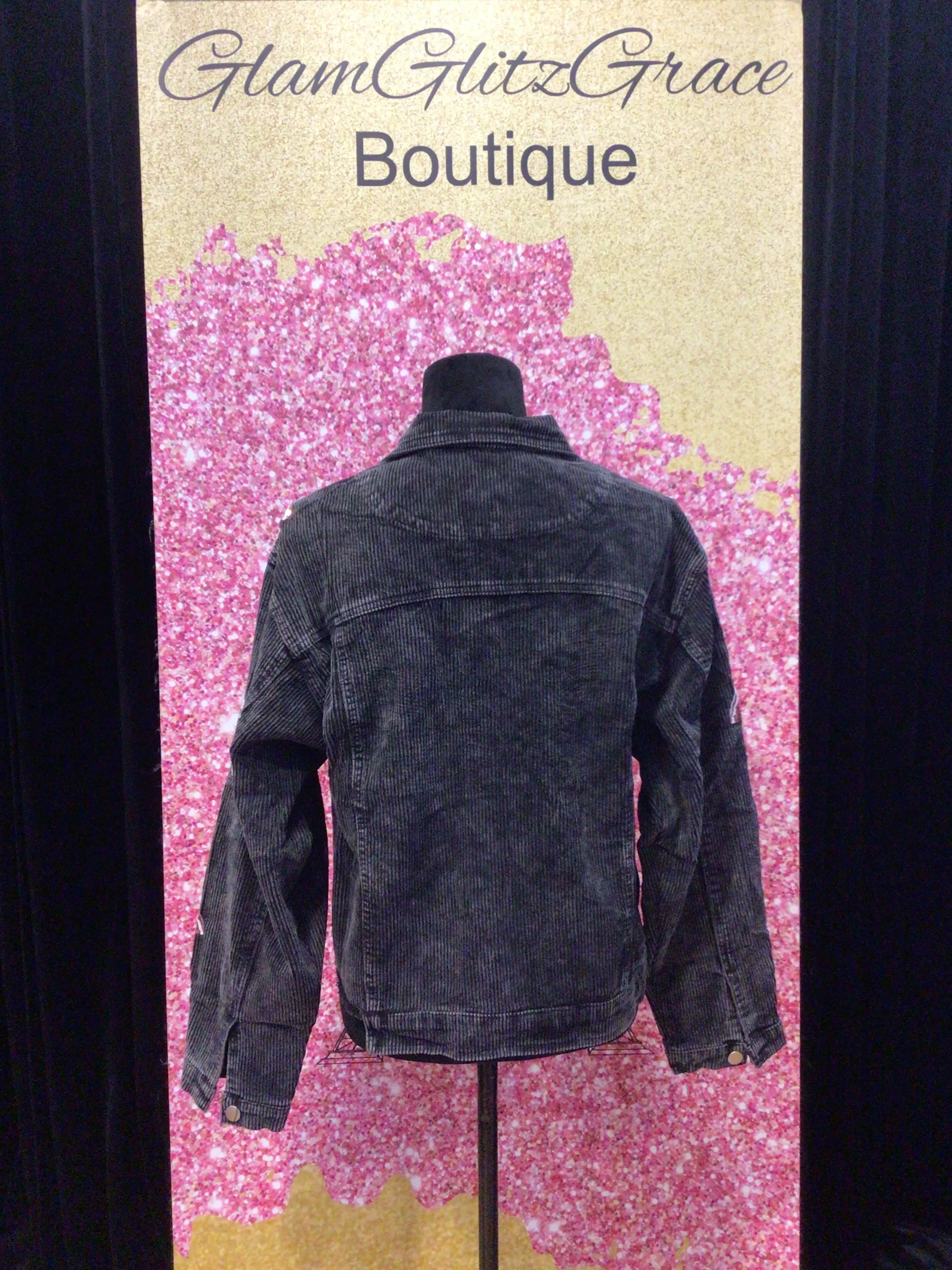 Black Corduroy Jacket With Sequin Football Pattern