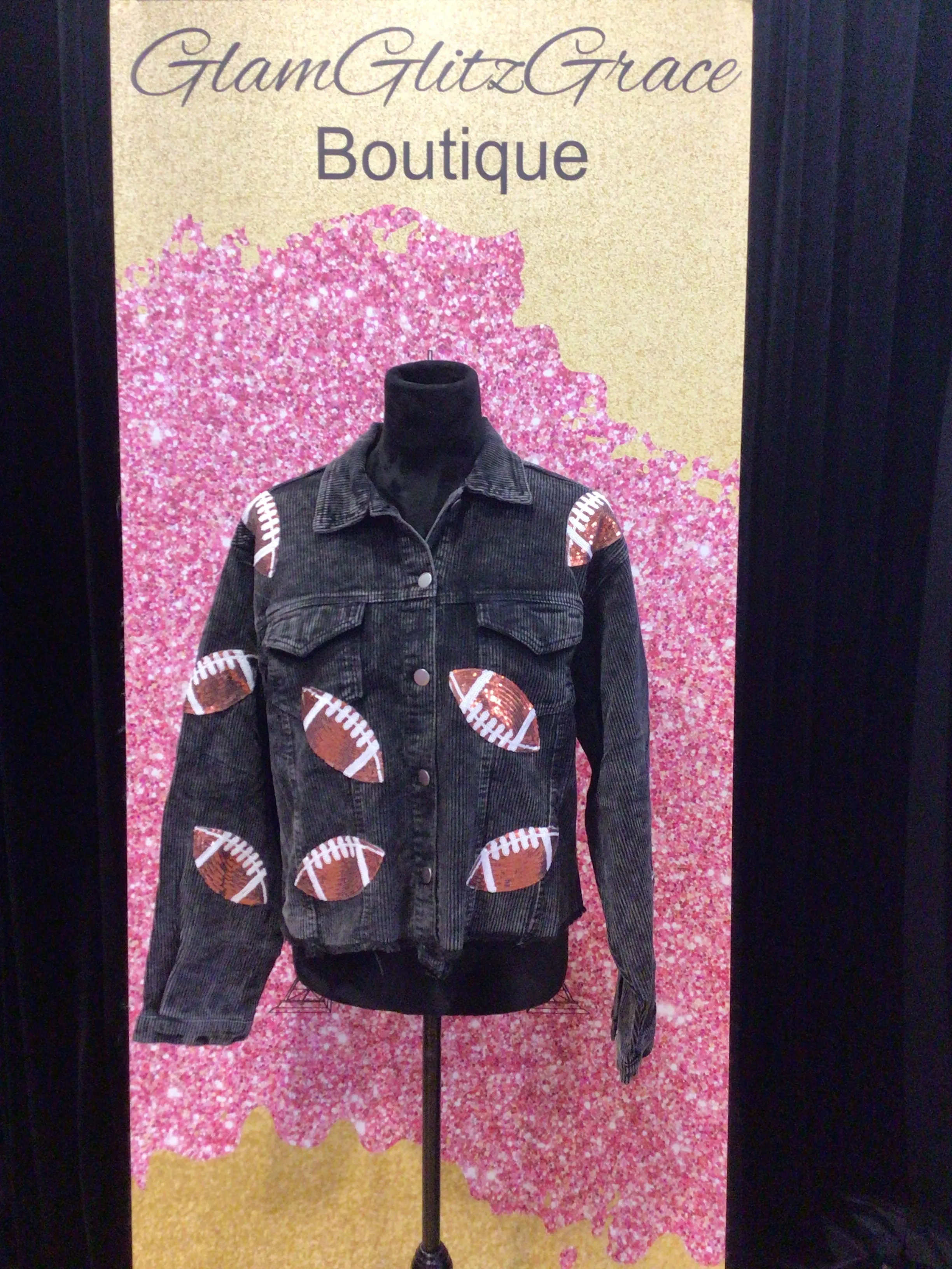 Black Corduroy Jacket With Sequin Football Pattern