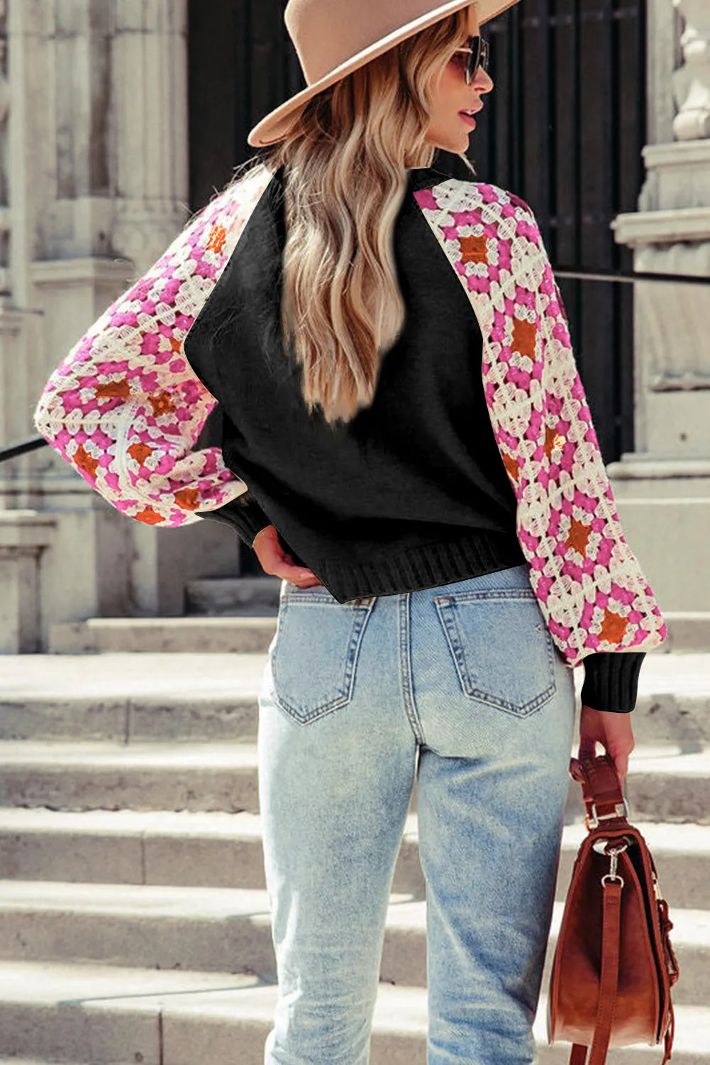 Black Crochet Puff Sleeve Contrast Knit Sweater