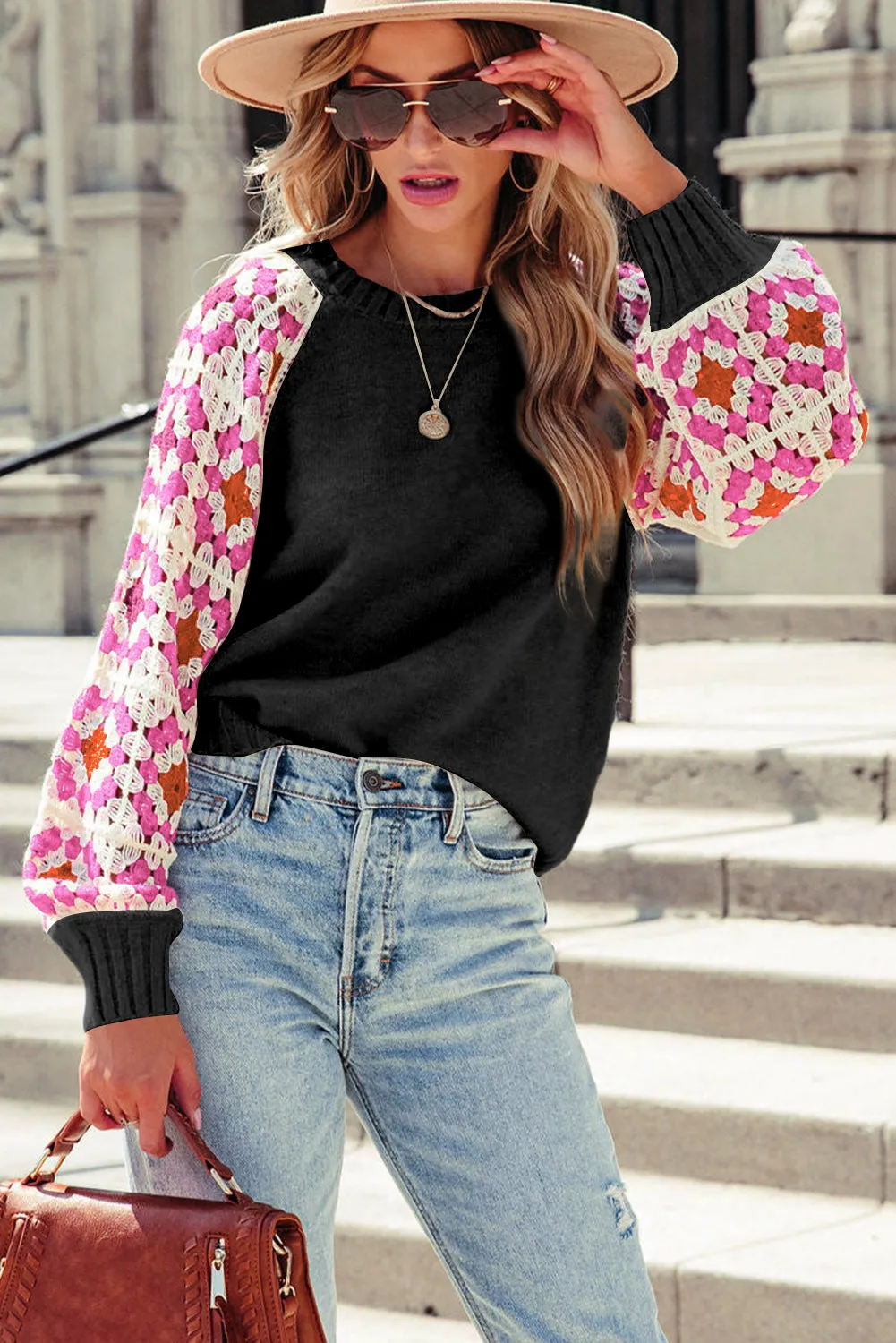 Black Crochet Puff Sleeve Contrast Knit Sweater