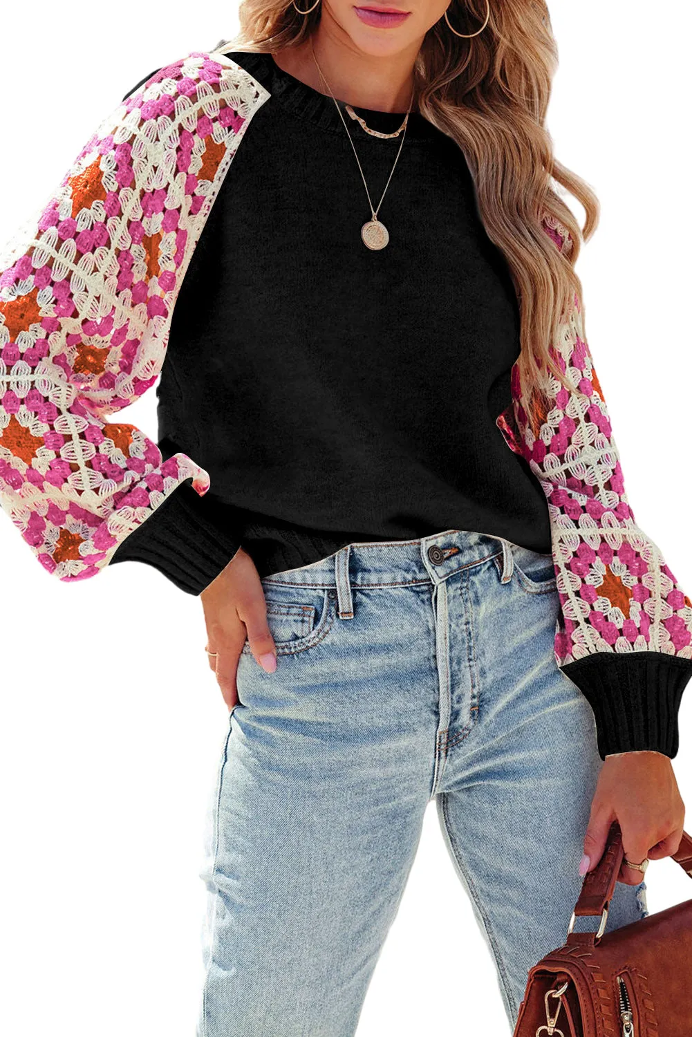 Black Crochet Puff Sleeve Contrast Knit Sweater