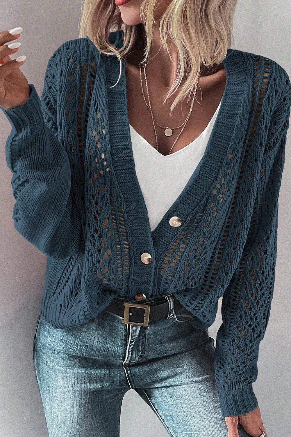 Black Open Knit Drop Shoulder Sweater Cardigan