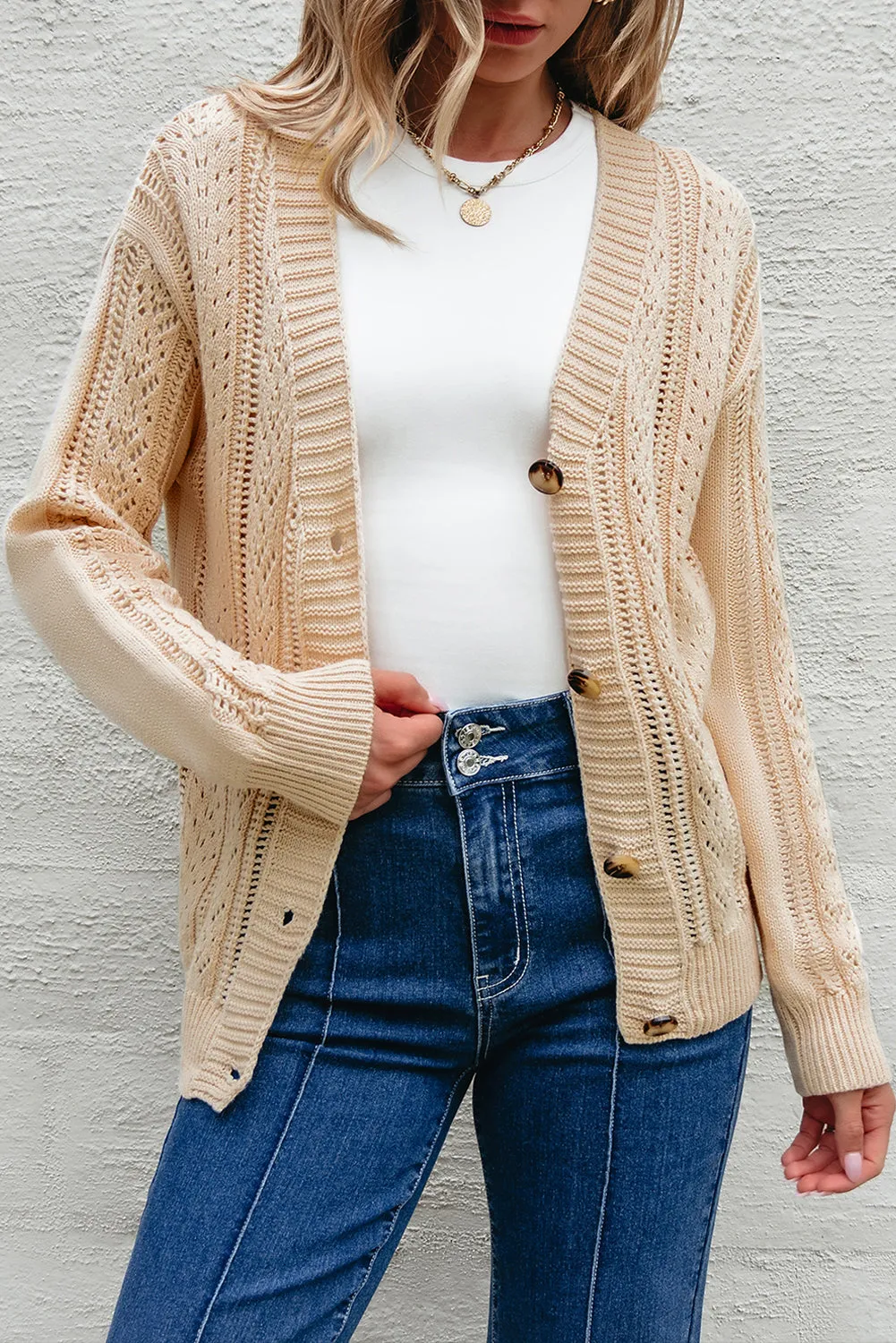 Black Open Knit Drop Shoulder Sweater Cardigan