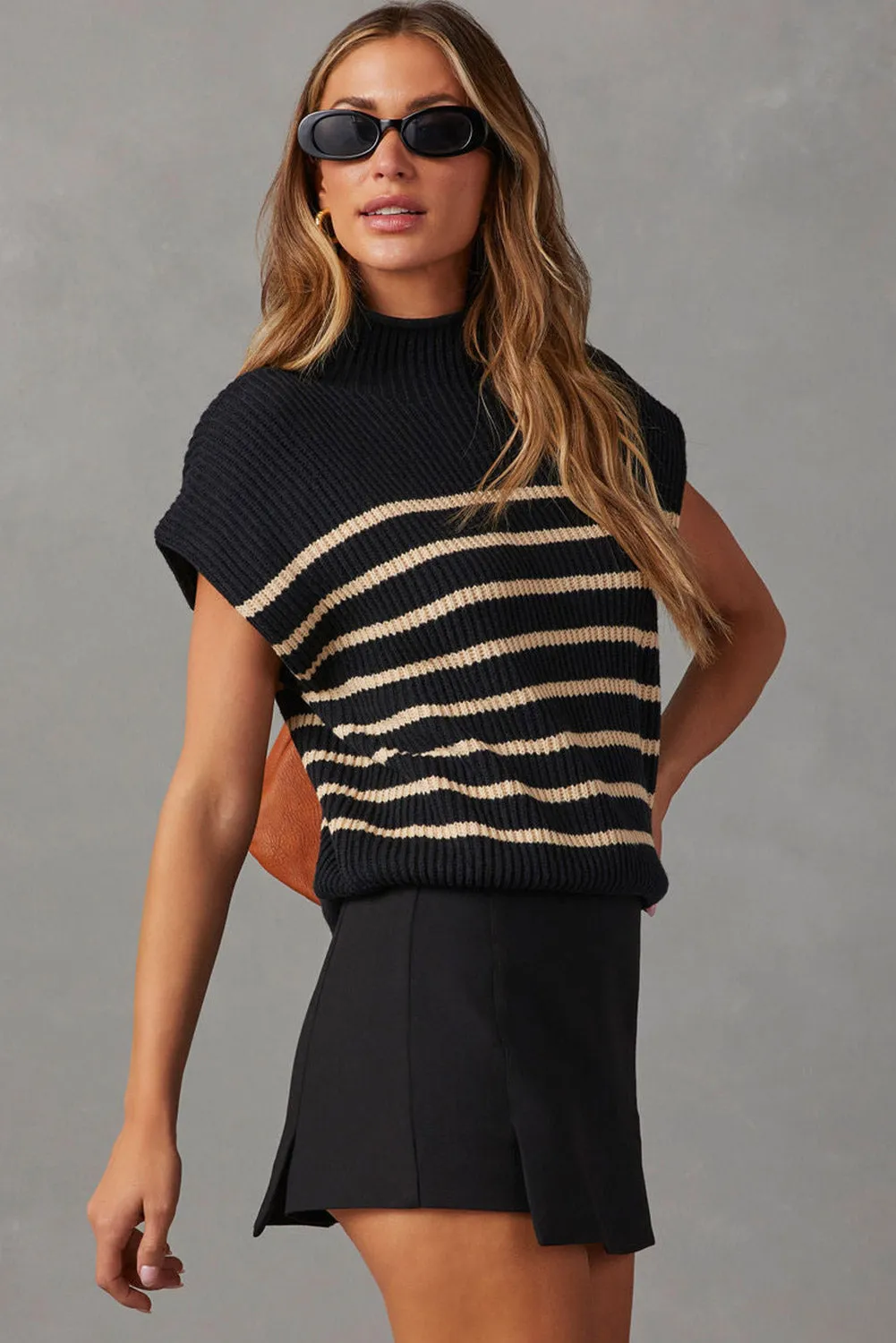 Black Striped Ribbed Knit High Neck Sweater