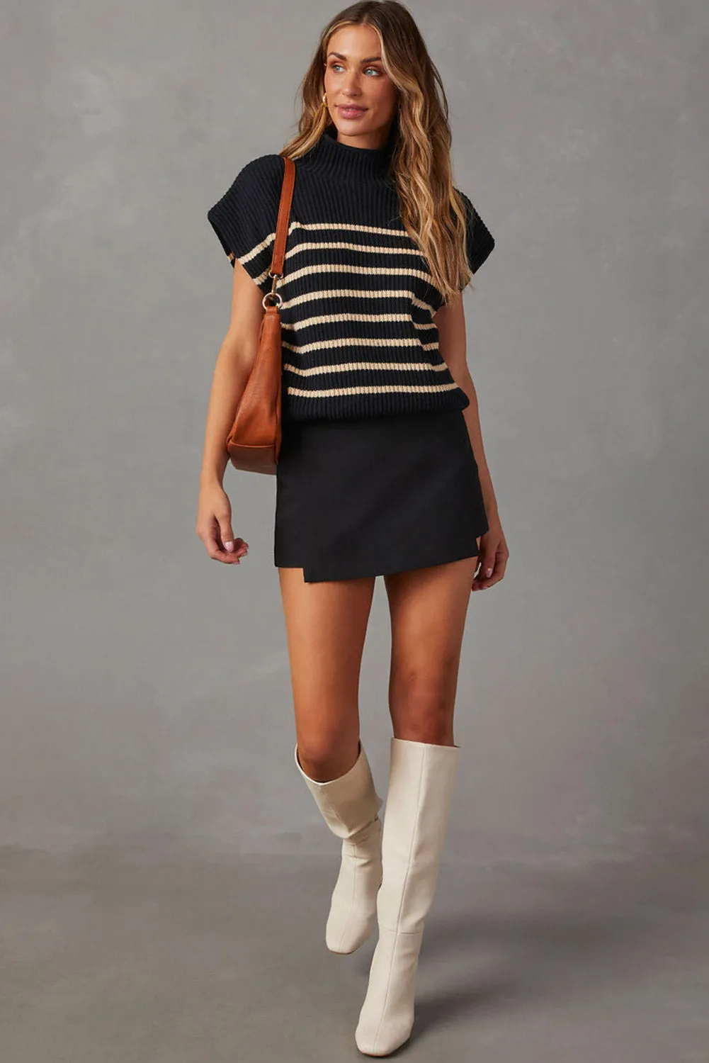 Black Striped Ribbed Knit High Neck Sweater